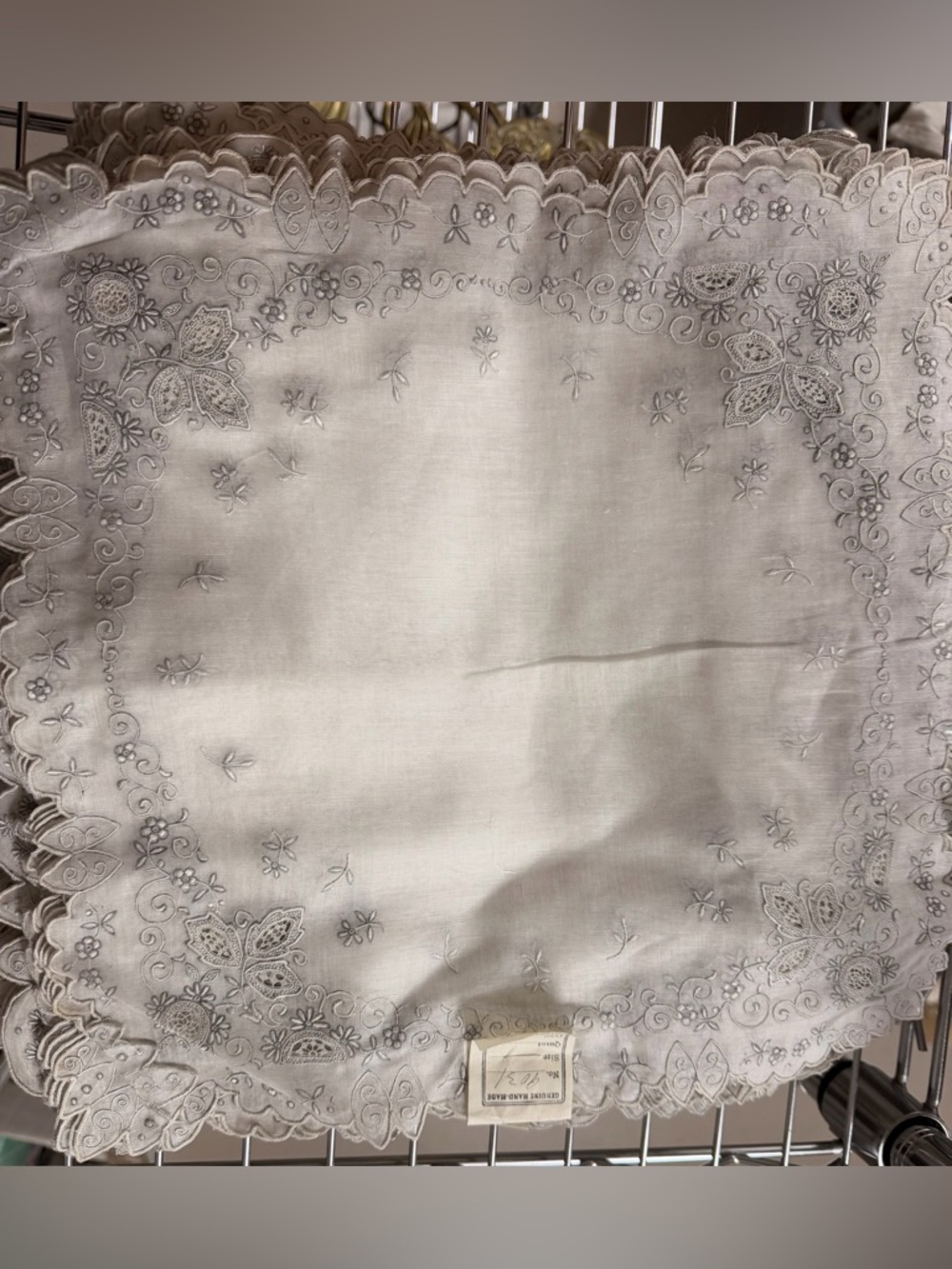 Embroidered White and Gray Square Doily/handkerchief